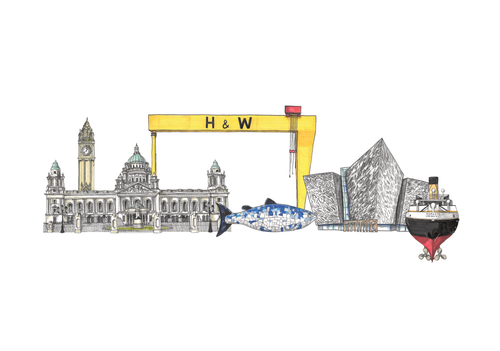 Front artwork preview of Katie Ireland’s Belfast landmarks greeting card; finished card mockup pending.