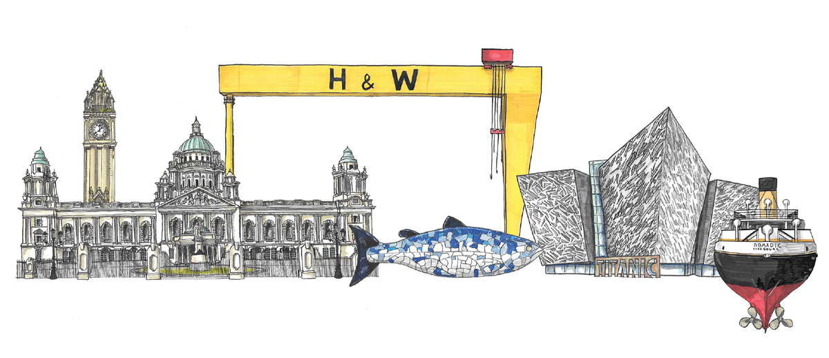 Artwork preview only: Belfast landmarks illustration by Katie Ireland, including City Hall, H&W crane, Big Fish and Titanic Belfast. Finished mug mockup pending.