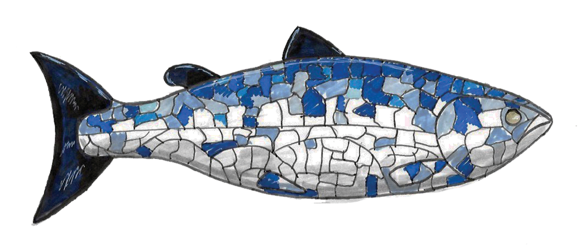 Artwork preview only: blue and silver Big Fish illustration by Katie Ireland. Finished mug mockup pending.