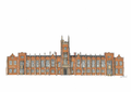 Queen’s University Belfast Lanyon Building illustrated by Katie Ireland, in warm brick tones against white.