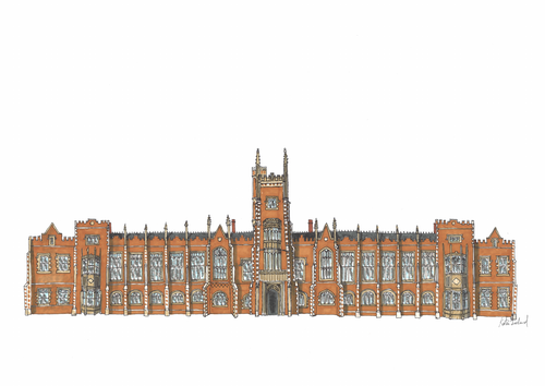 Queen’s University Belfast Lanyon Building illustrated by Katie Ireland, in warm brick tones against white.